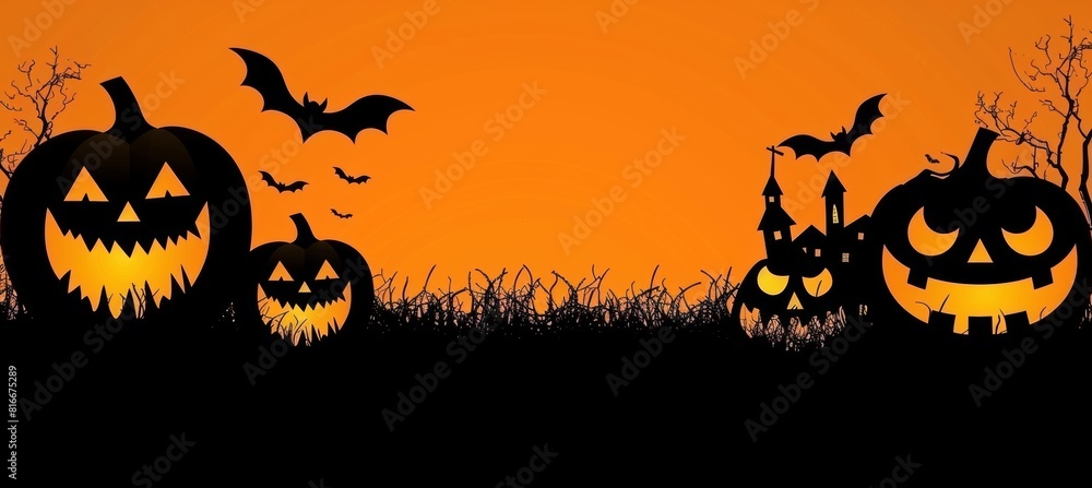 Spooky halloween scene pumpkins, bats, ghosts, and haunted houses on vibrant orange background Spooky halloween scene pumpkins, bats, ghosts, and haunted houses on vibrant orange background