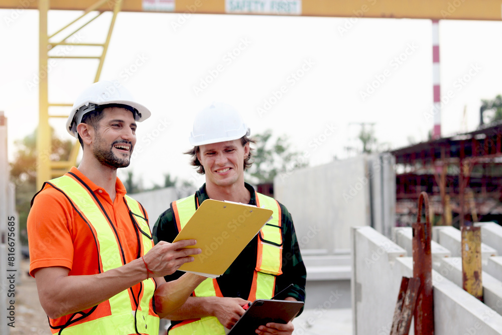Two happy smiling worker engineers with safety vest and helmet inspecting working area at construction site. Architect working together at ground level of building site workplace. Labor construction