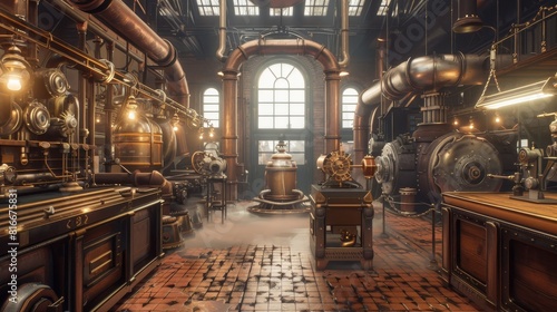 Steampunk of a Victorianstyle VR lab where engineers build brass and wood machines to study dApps, rustic and intricate photo