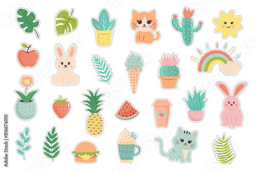 Cute pastel sticker set. Hand drawn cartoon characters, cactus, leaves, fruit and other. Kawaii style sticker collection.
