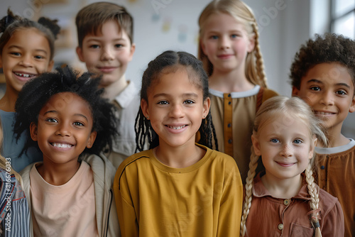 Happy diverse junior school students children group looking at camera standing in classroom. Smiling multiethnic cool kids boys and girls friends posing for group portrait together