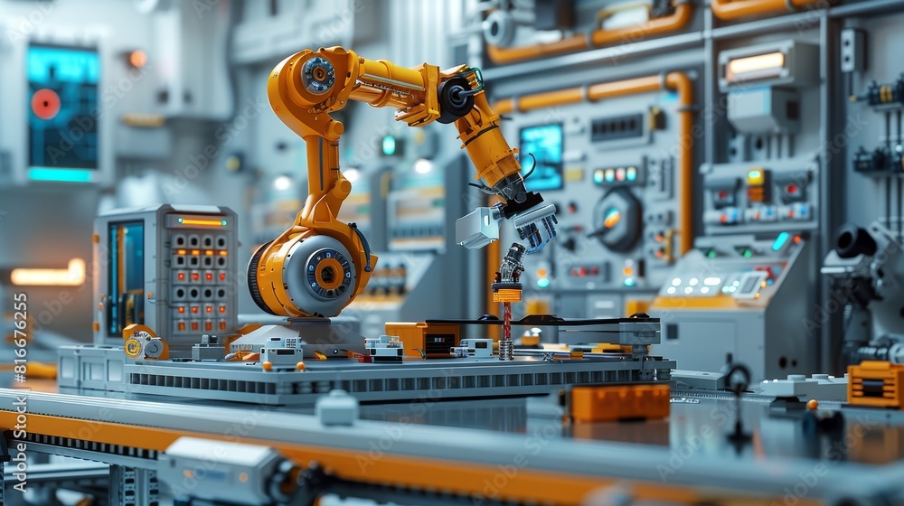 High-resolution illustration of a robot arm in action, assembling components with accuracy in a state-of-the-art factory setting High-resolution illustration of a robot arm in action, assembling components with accuracy in a state-of-the-art factory setting