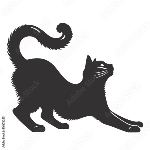 Silhouette of a stretching cat, showcasing grace and flexibility. Ideal for pet and animal themes