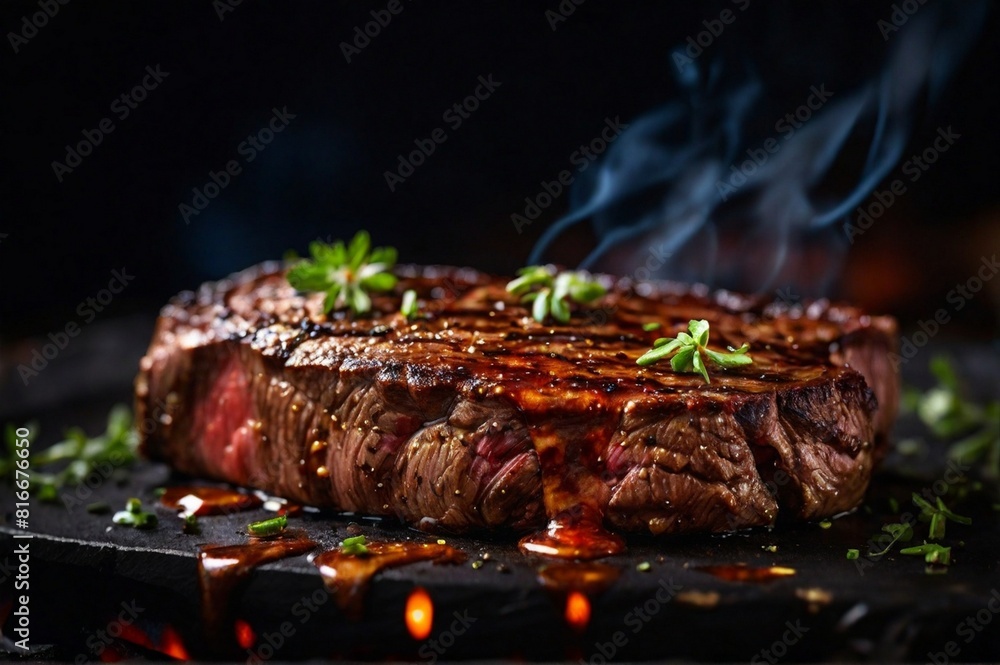 Delicious grilled steak with melted barbeque sauce on blurry background, food and cuisine concept