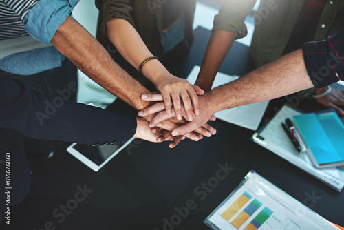 Hands, stack and meeting for teamwork collaboration in finance, planning or commitment. People, circle and team building a connection in office with community, communication or support on project