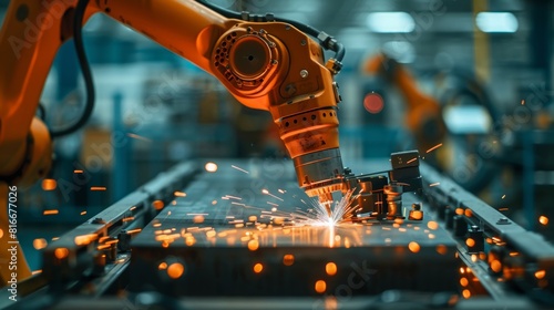 High-detail view of a robotic worker's arm as it welds parts in a factory, displaying the precision and technological advancement of automation