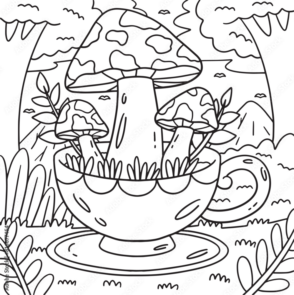 Mushrooms Sprouting from Teacup Coloring Page 
