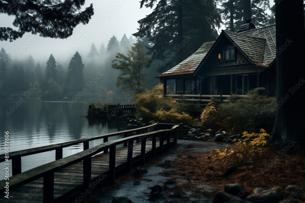 Fototapeta premium House Overlooking Lake and Forest
