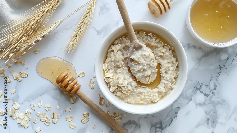 High-detail shot of mixing natural ingredients for a detox face mask, honey and oatmeal on marble, ideal for beauty product ads High-detail shot of mixing natural ingredients for a detox face mask, honey and oatmeal on marble, ideal for beauty product ads