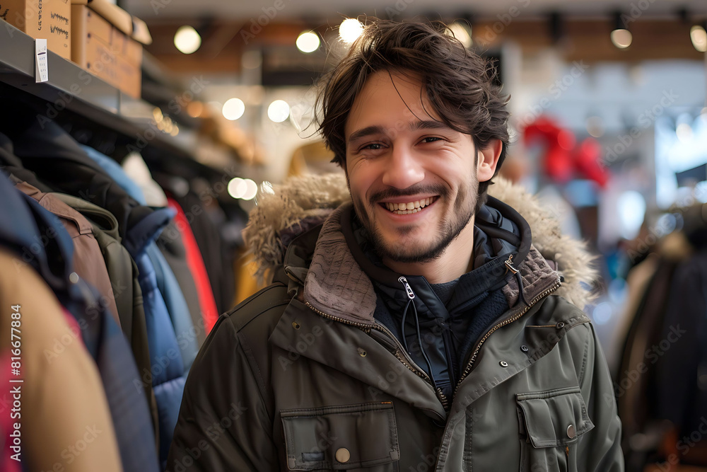 happy young man choosing clothes in clothing store