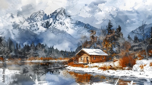 A peaceful winter scene with a cabin by a frozen lake and snow-capped mountains in the background.