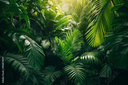 A vibrant display of lush jungle foliage  with sunlight flaring through the leaves  creating a dynamic interplay of light and shadow. AI Generated