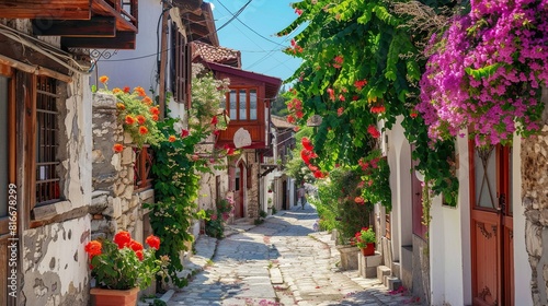 A picturesque village street where ancient buildings and vibrant flowers create a scene of timeless beauty and cultural richness  