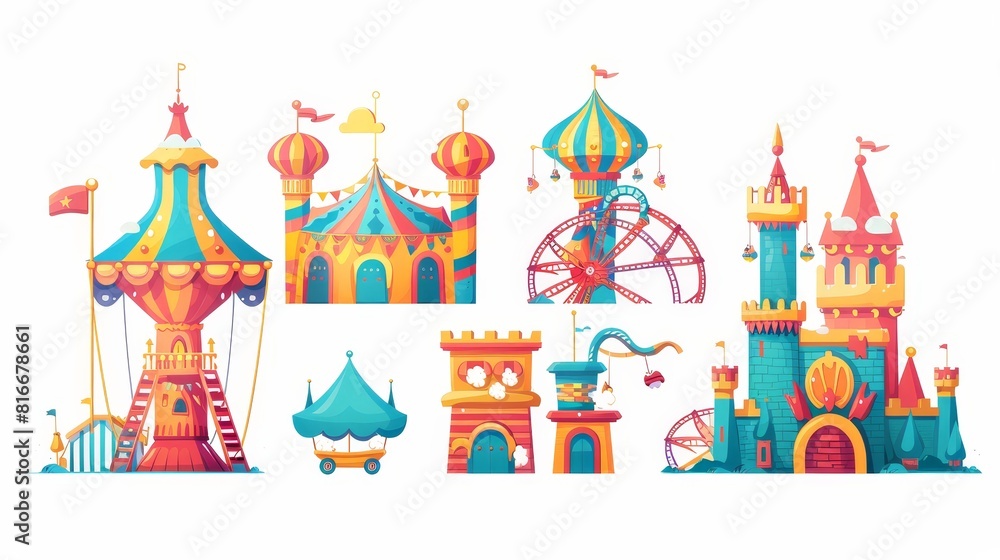 Modern cartoon set of attractions in a summer amusement park with a circus tent, roller coaster, castle, and candy cotton cart. Modern cartoon set of attractions in a summer amusement park with a circus tent, roller coaster, castle, and candy cotton cart.