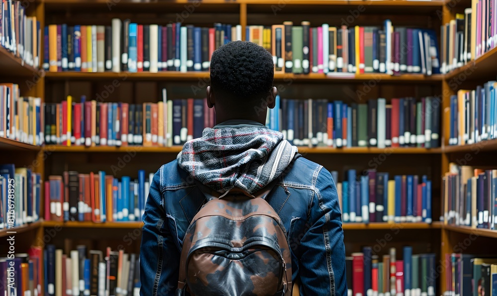 male student looking at bookshelf in library, Generative AI male student looking at bookshelf in library, Generative AI
