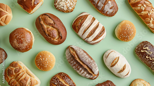 Loaves of different fresh bread on green background