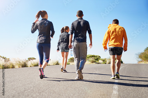 People, friends and walking exercise as group or running community for club sports, hiking or nature. Men, women and back for healthy cardio in California for outdoor training, workout or athlete