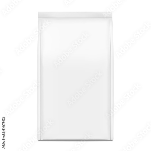 Vertical bag mockup. Flat bottom gusset bag. Front and side view. High realistic. Vector illustration isolated on grey background. Ready for use in presentation, promo, advertising and more. EPS10.