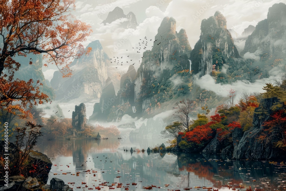 Obraz premium Tranquil and serene autumn mountain landscape with colorful foliage, majestic peaks, and a misty lake reflecting the natural beauty of the surroundings in a peaceful and calm environment