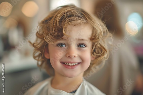 Child haircut salon. Portrait of happy child with beautiful haircut. Close-up
