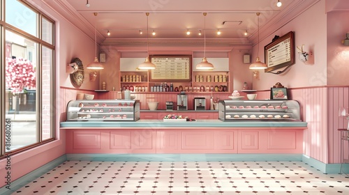 American ice cream parlor, vintage setting, variety of flavors displayed, pastel color scheme, nostalgic watercolor style