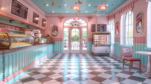 American ice cream parlor, vintage setting, variety of flavors displayed, pastel color scheme, nostalgic watercolor style