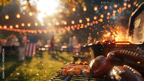 American football tailgate party, grilling and gameday snacks, team colors and festive atmosphere, energetic digital illustration