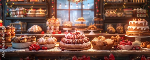 Bakery during holiday season, special cakes and cookies, vibrant festive colors, detailed illustration with a joyful atmosphere