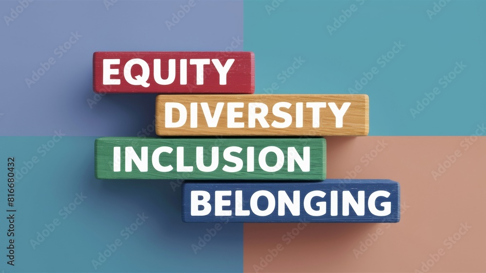 Colored wooden blocks with text Equity Diversity Inclusion Belonging on solid background - diversity awareness - workplace inclusion - social equity campaigns Colored wooden blocks with text Equity Diversity Inclusion Belonging on solid background - diversity awareness - workplace inclusion - social equity campaigns