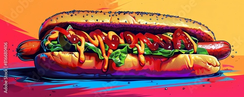 Chicago hot dog, loaded with toppings, iconic poppy seed bun, bold and colorful illustration, pop art style photo