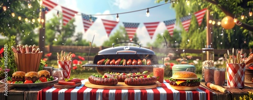 Fourth of July backyard barbecue, burgers and hot dogs on the grill, festive red, white, and blue decorations, digital illustration