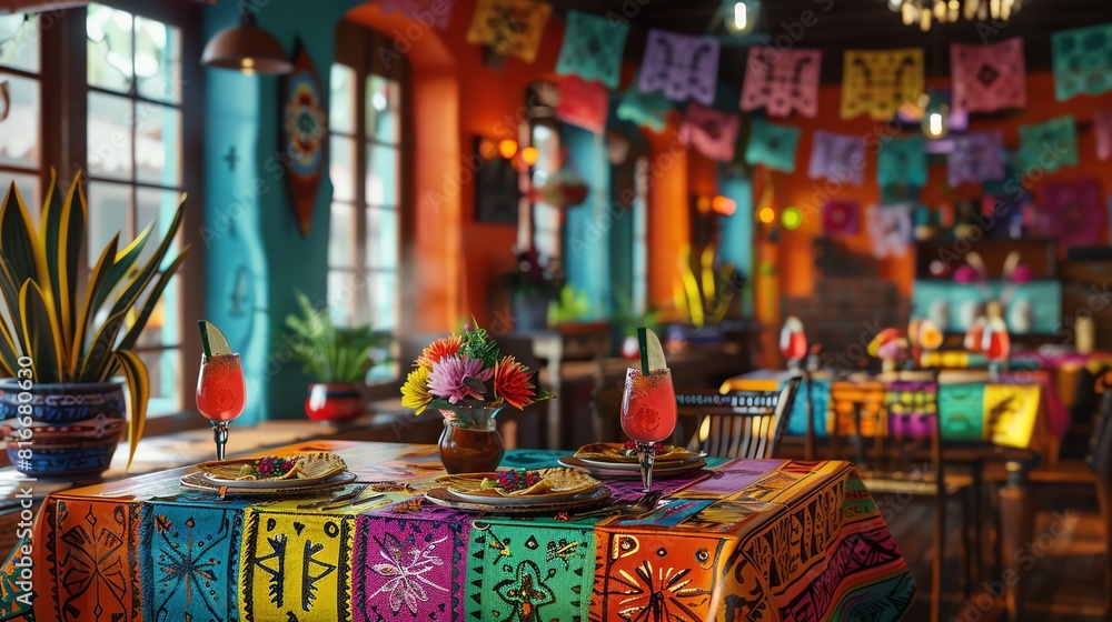 Mexican cantina menu, vibrant and festive, featuring tacos and margaritas, folk art decorations, bright primary colors, traditional papel picado border design