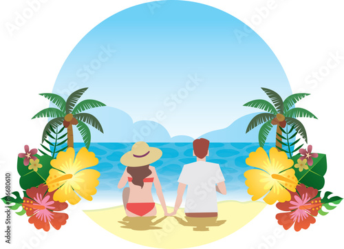 夏に恋人と海水浴イラスト