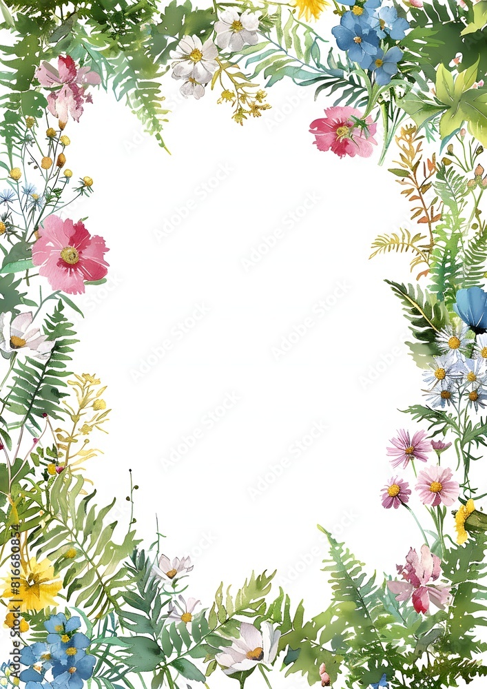 A colorful flowery border with a white background. The flowers are in various colors and sizes, and the border is made up of different types of flowers. Scene is cheerful and vibrant