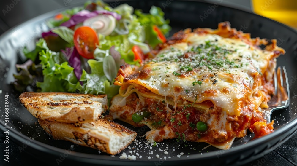 Gourmet close-up of lasagna plated with vibrant salad and crispy garlic bread, showcasing culinary perfection, isolated background Gourmet close-up of lasagna plated with vibrant salad and crispy garlic bread, showcasing culinary perfection, isolated background