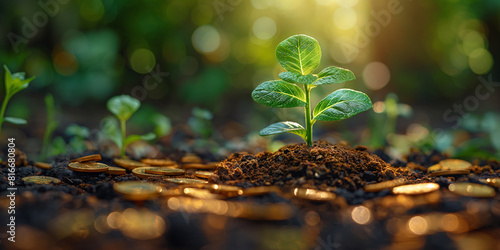 Green plant growing in soil with coins  symbolizing investment growth and financial prosperity.