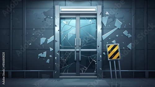 The glass elevator doorway is covered with a yellow stripe warning of a broken glass elevator. Caution signs stand near cracked doors in a realistic 3D modern mockup. photo