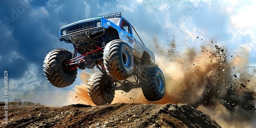 Thrilling Picture of Monster Truck Soaring Over Massive Dirt Hill. Concept Monster Truck, Thrilling, Soaring, Dirt Hill, Action Shot photo