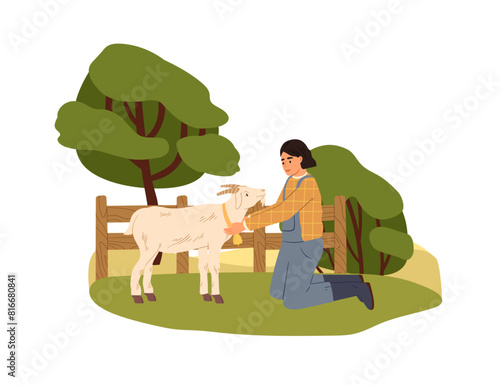 Woman caring about goat. Female farmer and livestock, animal at farm yard, vi...