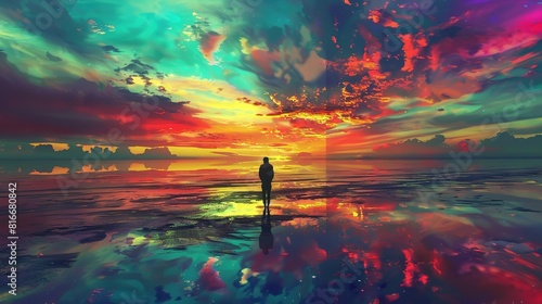 A solitary figure silhouetted against a vast, colorful expanse, symbolizing self-reflection and the 