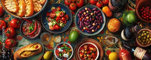 Spanish tapas bar menu  colorful mosaic design  illustrations of tapas plates and sangria  festive reds and yellows