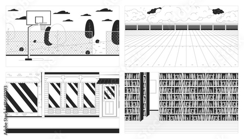 Empty public places black and white line illustration set. No people spaces 2D cityscape, landscape, interior monochrome background. Leisure and hobby scenes vector storytelling image collection