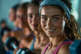 A smiling young woman with a group of friends doing dumbbell curls in a gym