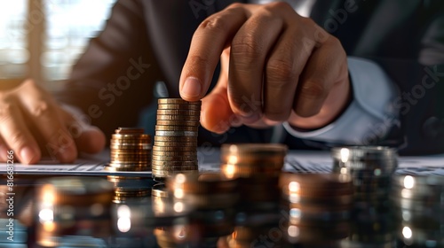 A man is holding a pile of coins on a table. The coins are of different sizes and colors, and they are stacked on top of each other. Concept of wealth and abundance © Alpa