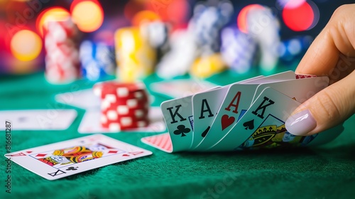 A closeup of a hand shuffling a deck of cards on a poker table photo