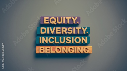 Colored wooden blocks with text Equity Diversity Inclusion Belonging on solid background - diversity awareness - workplace inclusion - social equity campaigns photo