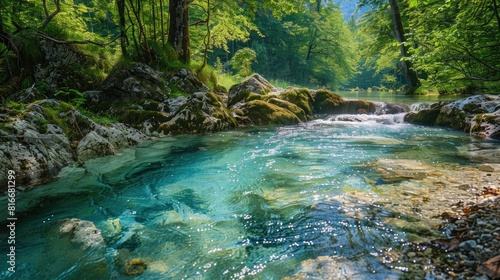 Scenic forest river with clear blue water