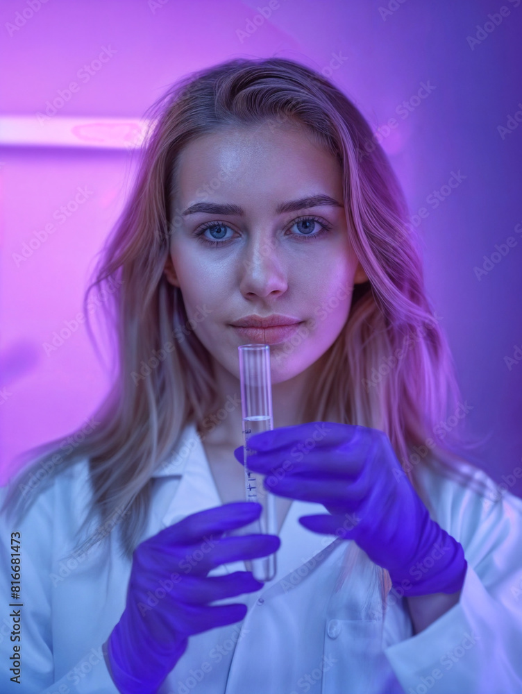 Woman scientist in laboratory holding test tubes and beakers. Chemical research. Female scientist conducts an experiment in the laboratory. Image in vivid colors. Woman scientist in laboratory holding test tubes and beakers. Chemical research. Female scientist conducts an experiment in the laboratory. Image in vivid colors.