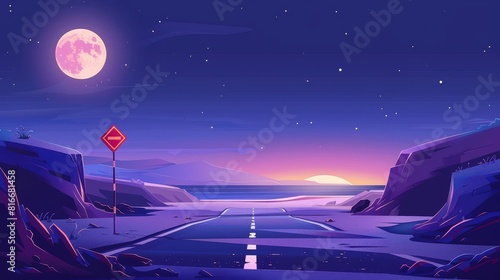 In the summertime, an empty asphalt highway with a full moon glow in a starry sky looks like a mountain road with an ocean view. Rocky landscape with turn signs and speedways offers a scenic