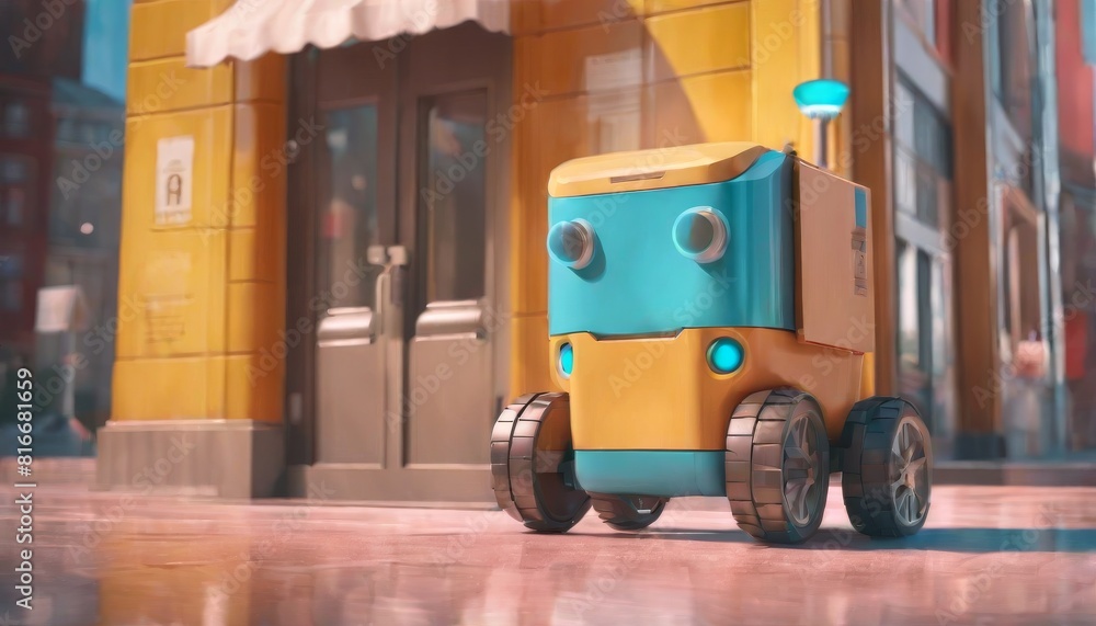 A charming delivery robot with a friendly face navigates a sunny city sidewalk, representing the future of urban delivery services.. AI Generation A charming delivery robot with a friendly face navigates a sunny city sidewalk, representing the future of urban delivery services.. AI Generation